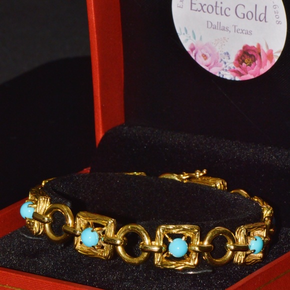 VINTAGE MID-CENTURY SOLID 18K GOLD & NATURAL PERSIAN TURQUOISE BRACELET - Picture 10 of 13
